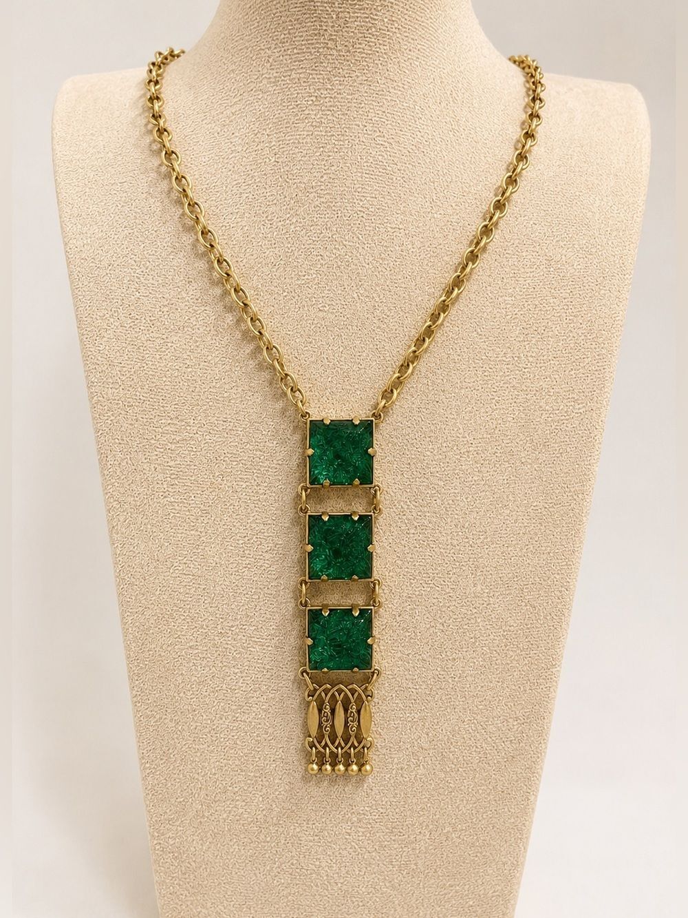 Cabi #2161 Lagoon Necklace Emerald Green Glass Brass Drop Pendant Statement Gold
